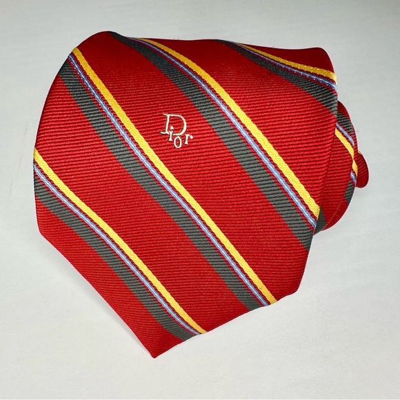 Vintage DIOR Embroidered Red Striped Classic Tie 3”